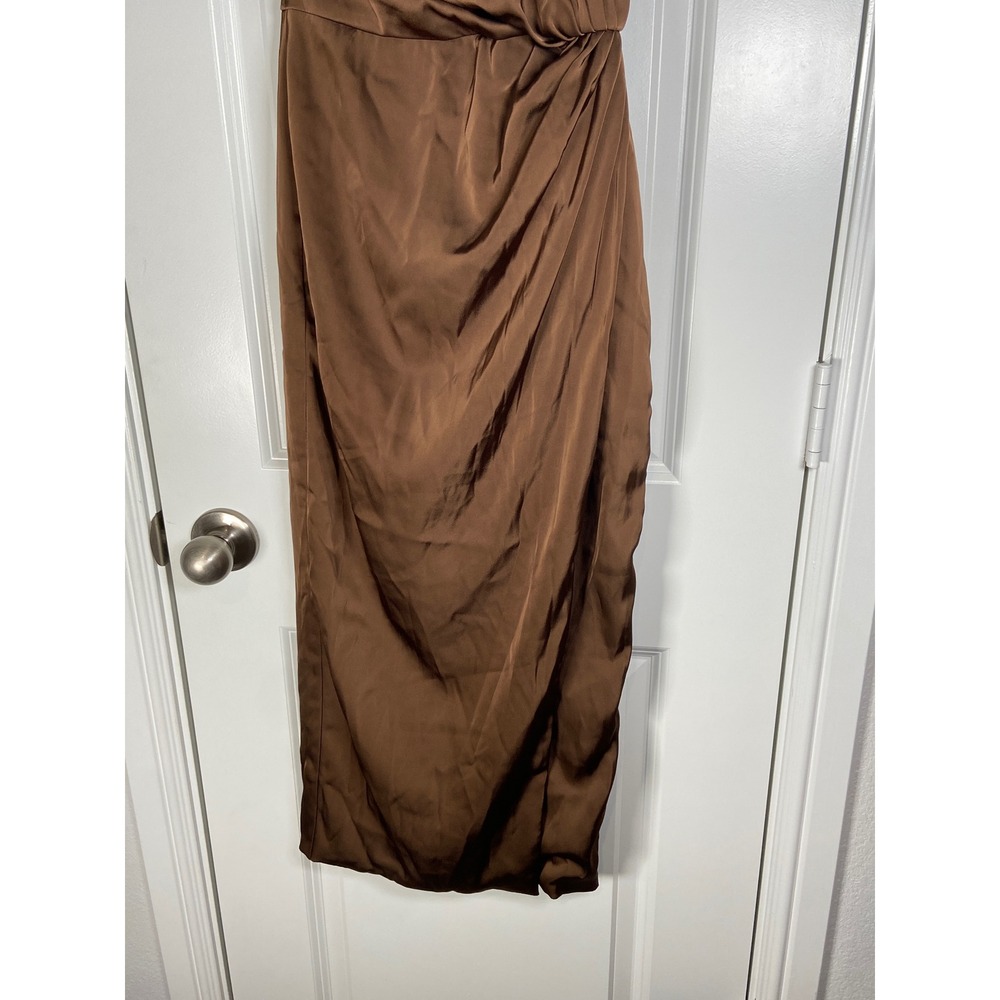 Contenta Brown Satin One Shoulder Midi Dress Ruched Bodycon XS - Picture 3 of 12